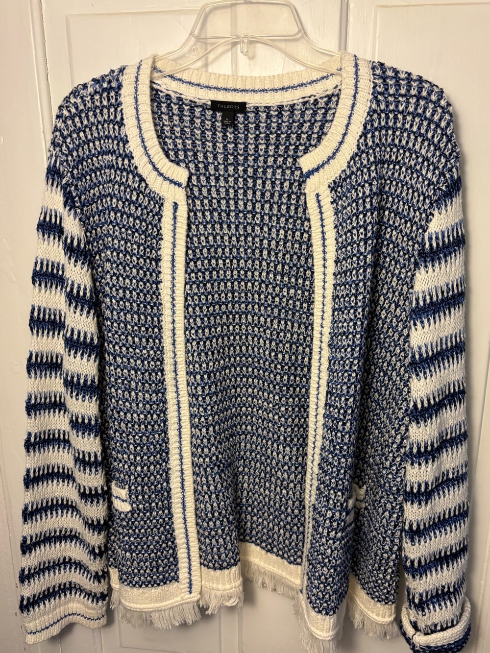 Talbots Navy and White Open-Front Knit Cardigan with Fringe